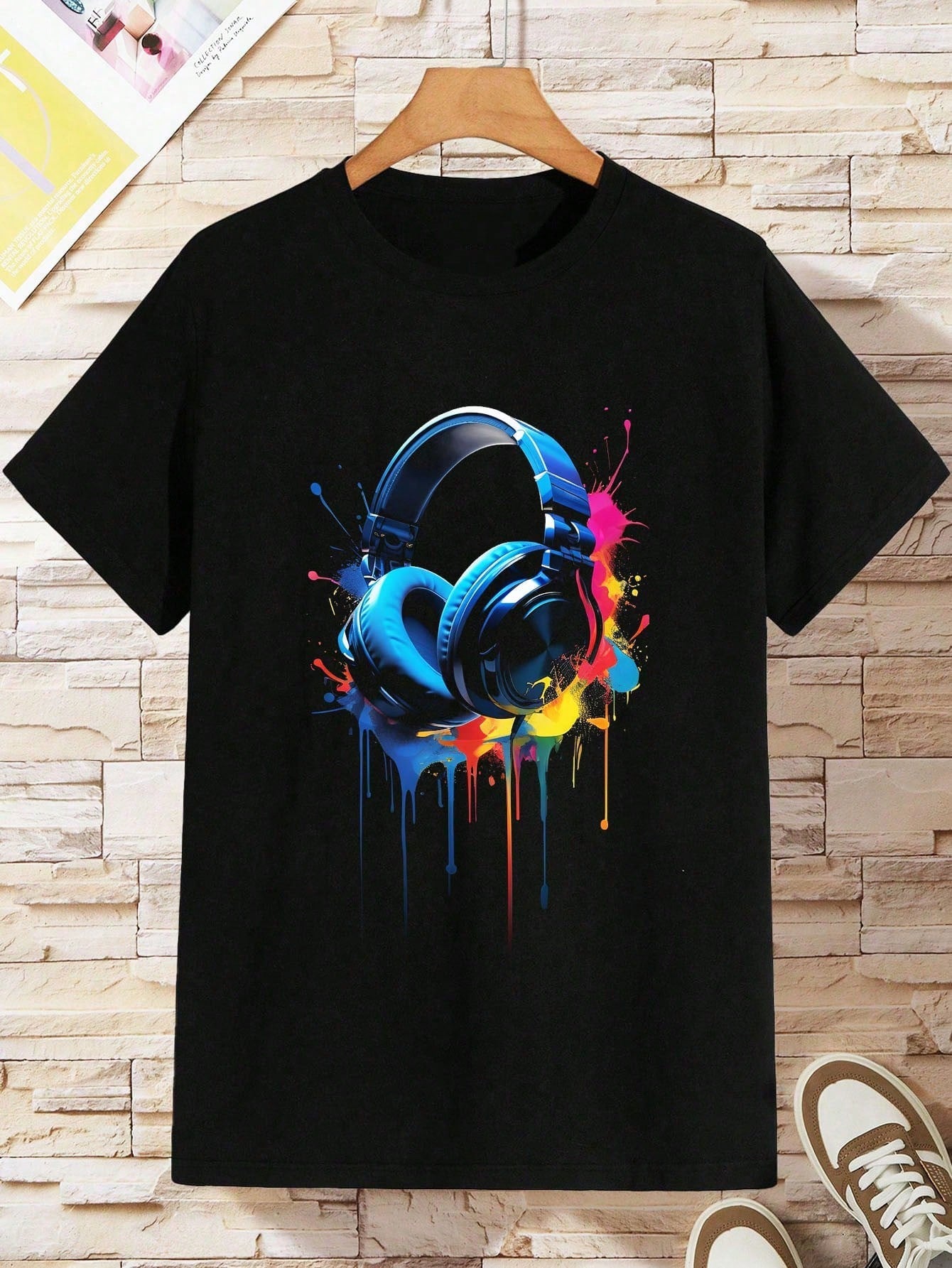 Tween Boys' Round Neck Trendy Earphone Design Printed Short Sleeve T-Shirt, Summer