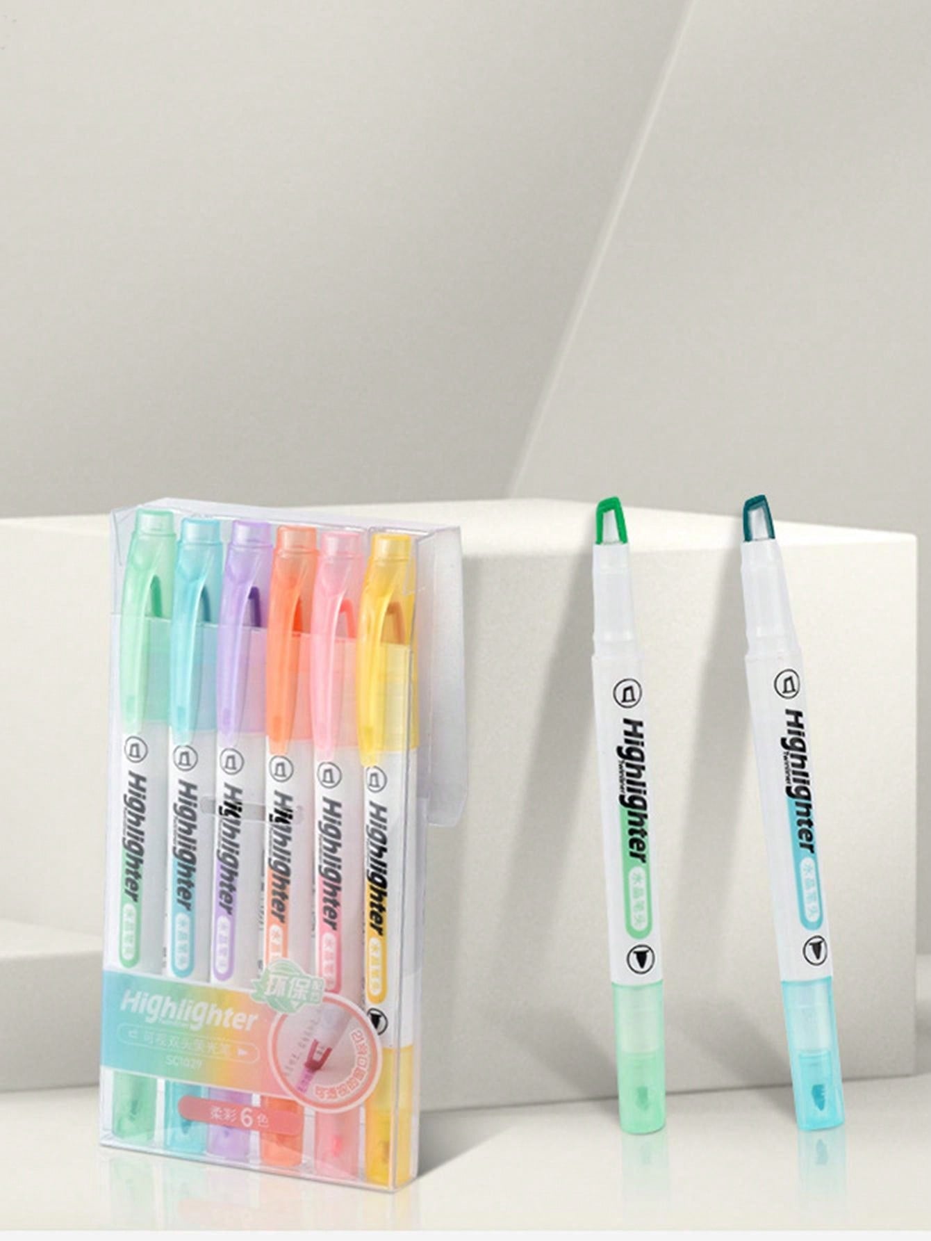 1box 6pcs Double-Headed Fluorescent Highlighter With Visible Window, Used For Student Notes, Doodles