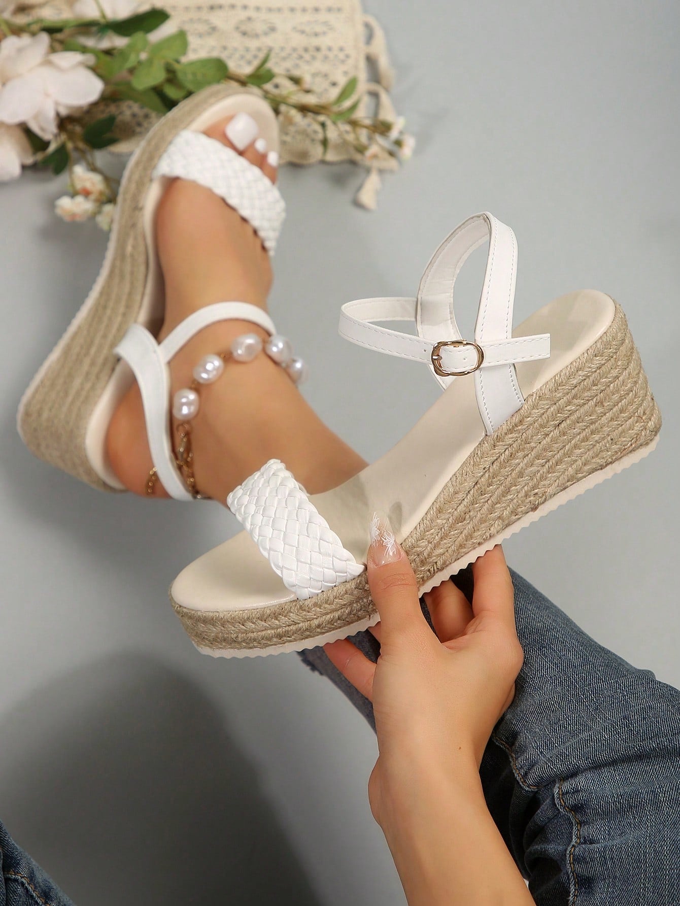 Women's Summer Woven Sandals, Fashionable Wedge Heel With Espadrille Platform, Ankle Strap Buckle