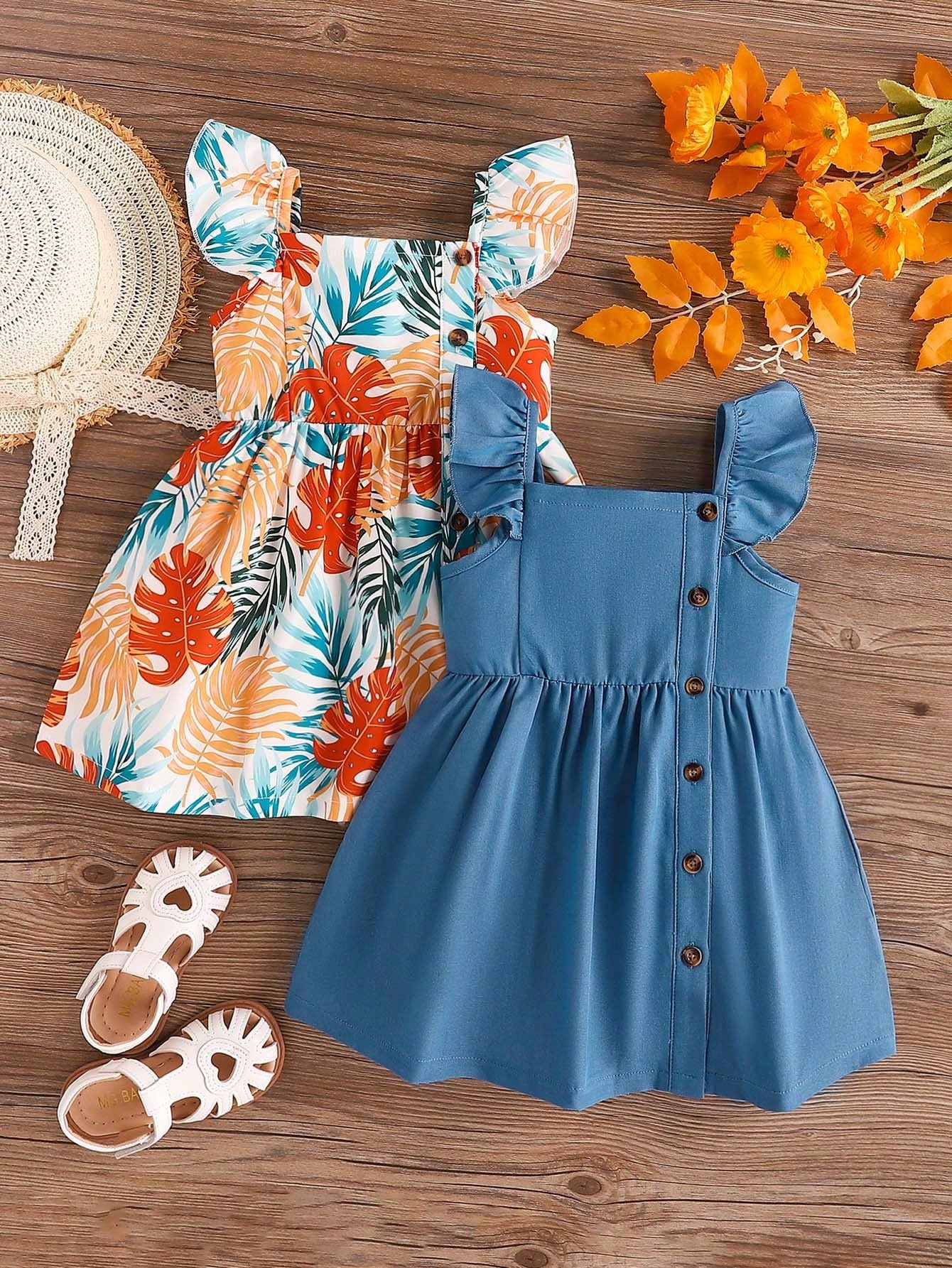 Baby Girl 2pcs/Pack Fashionable Leaf Print Button Detail Ruffle Trim Sleeveless Dress & Solid Dress For Summer Holiday