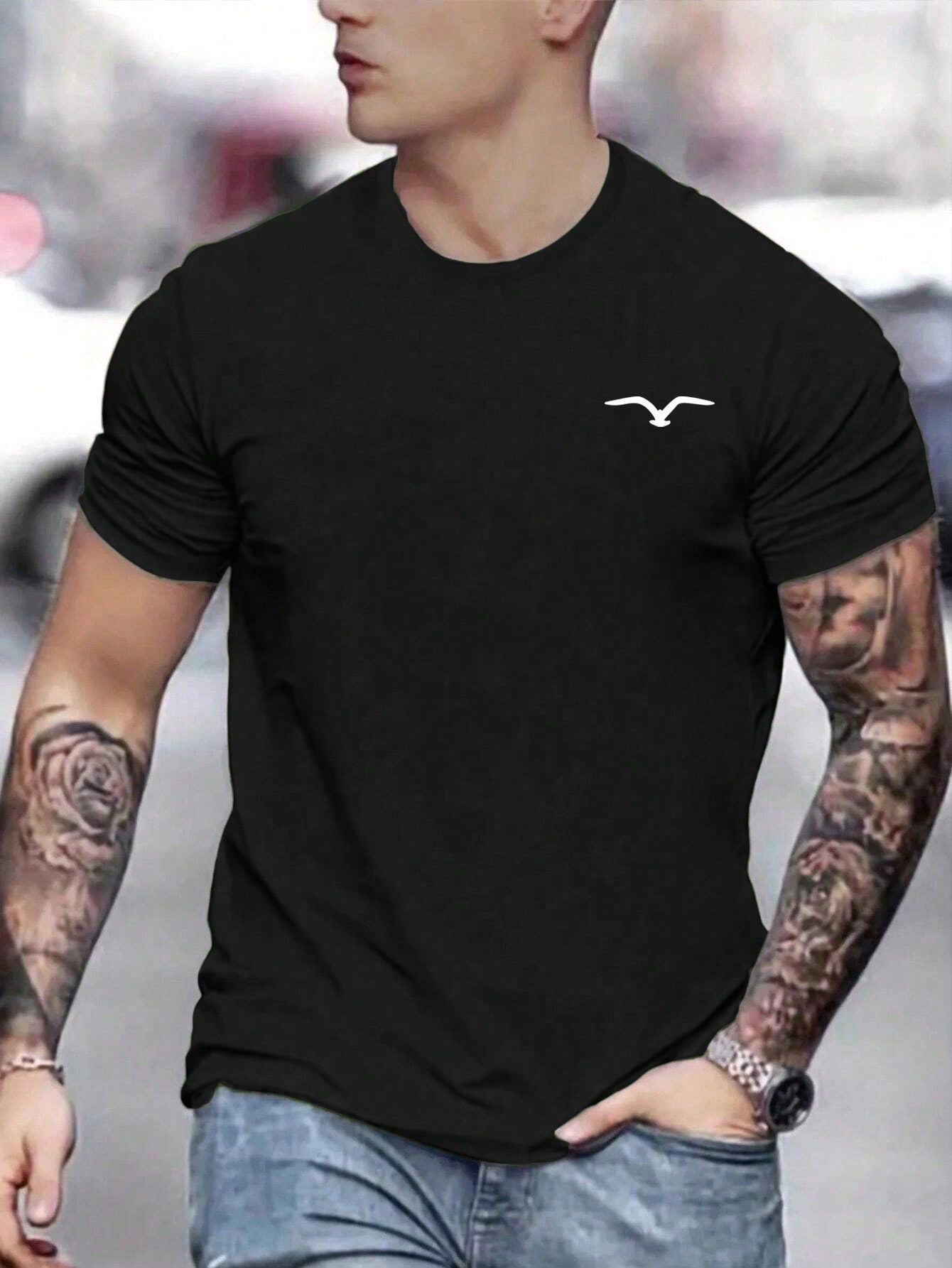 Men's Casual Bird Printed Round Neck T-Shirt, Summer