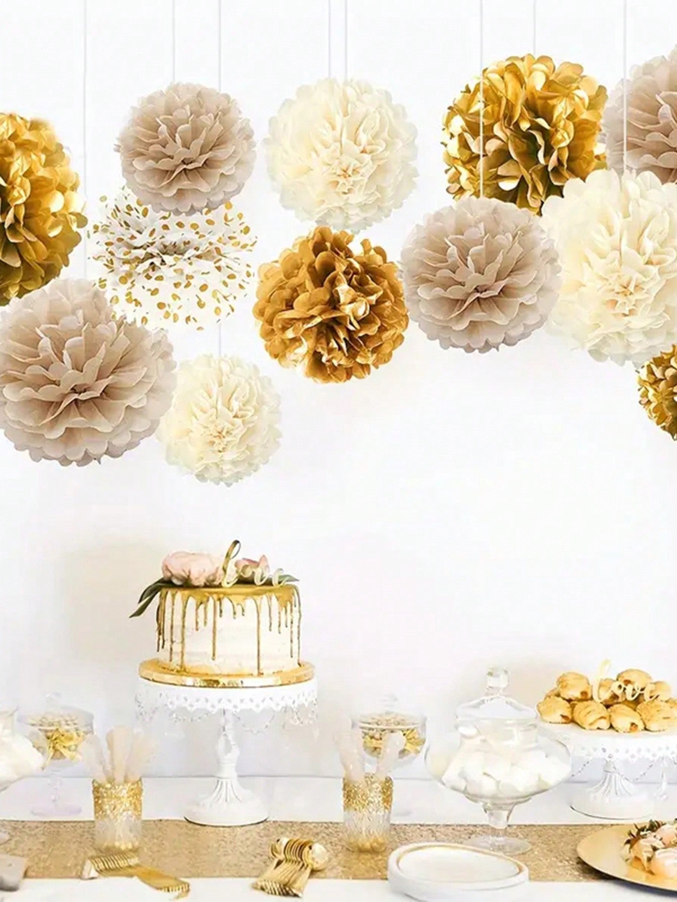 12pcs/Set Gold Tone Paper Flower & Honeycomb Ball Party Backdrop Decoration,Diy Birthday, Spring, Baby Shower, Wedding Paper Flower Decoration,Christmas