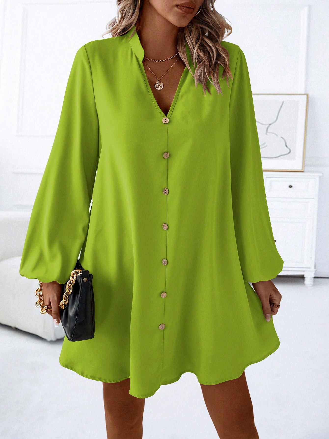 LUNE Notched Neckline Lantern Sleeve Button Front Dress