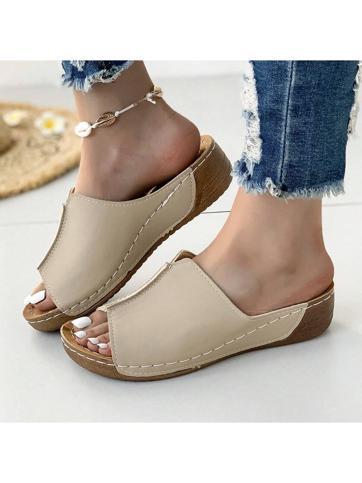 Women's Thick Heel Platform Slip-On Sandals With Open Toe And Anti-Slip Bottom, Retro Style