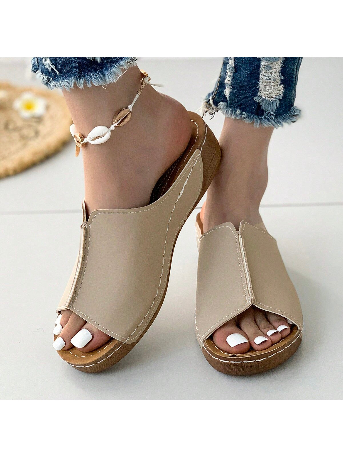 Women's Thick Heel Platform Slip-On Sandals With Open Toe And Anti-Slip Bottom, Retro Style