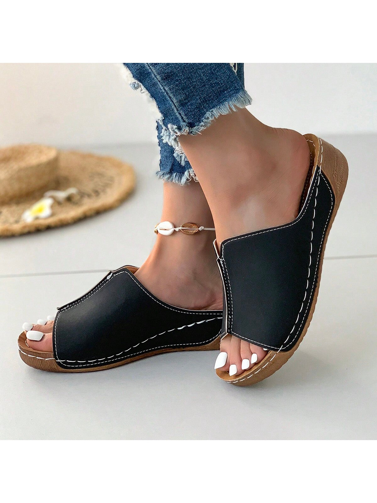 Women's Thick Heel Platform Slip-On Sandals With Open Toe And Anti-Slip Bottom, Retro Style