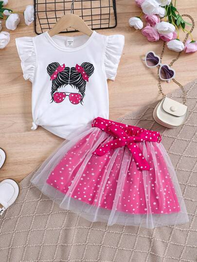 2pcs Young Girl Christmas Santa Claus & Bow Print Ruffle Collar Top And Mesh Patchwork Skirt Set