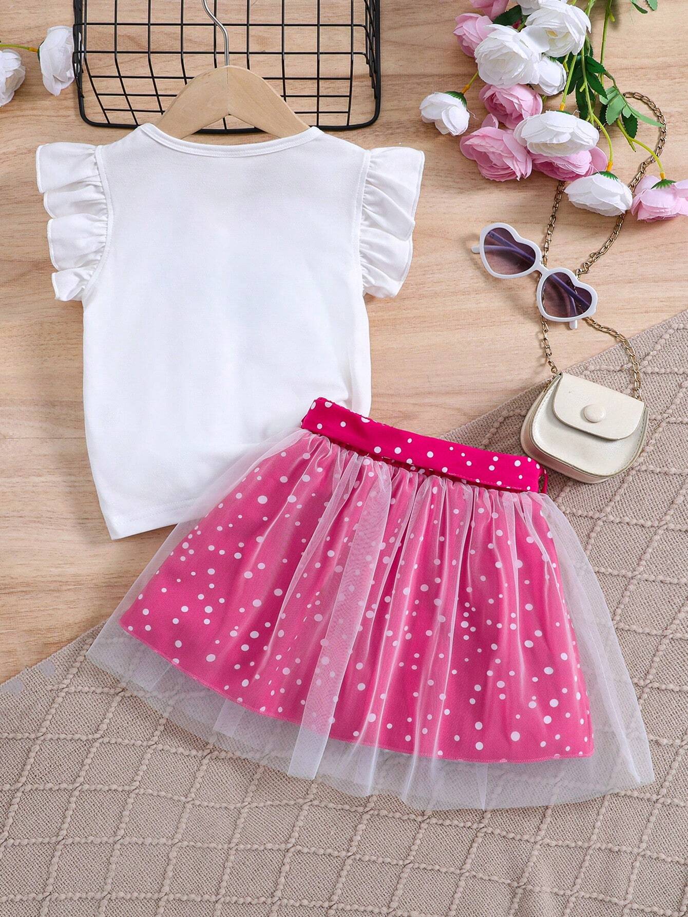 2pcs Young Girl Christmas Santa Claus & Bow Print Ruffle Collar Top And Mesh Patchwork Skirt Set