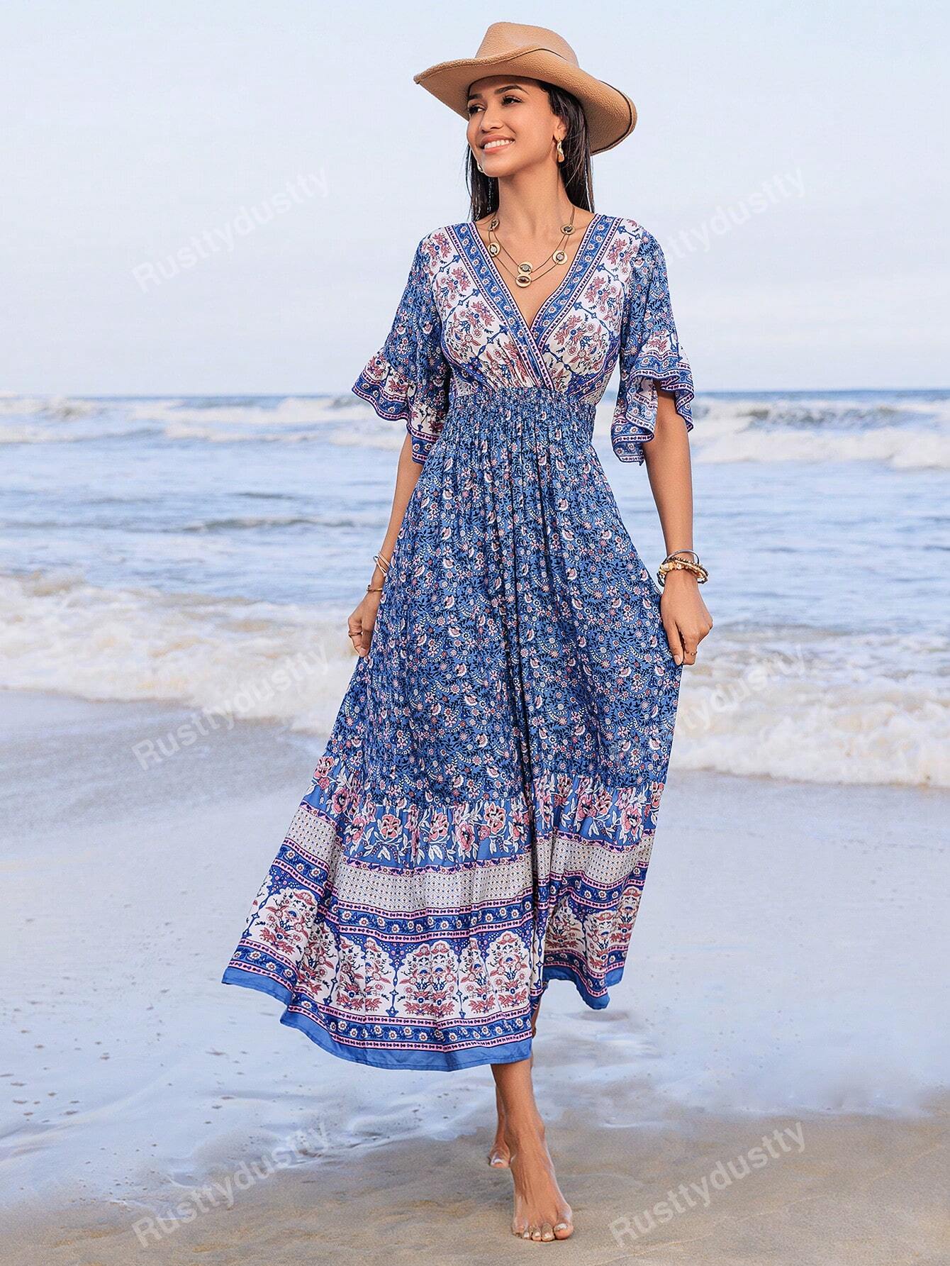 Women's Casual Floral Print Ruffle Sleeve Cinched Waist Dress