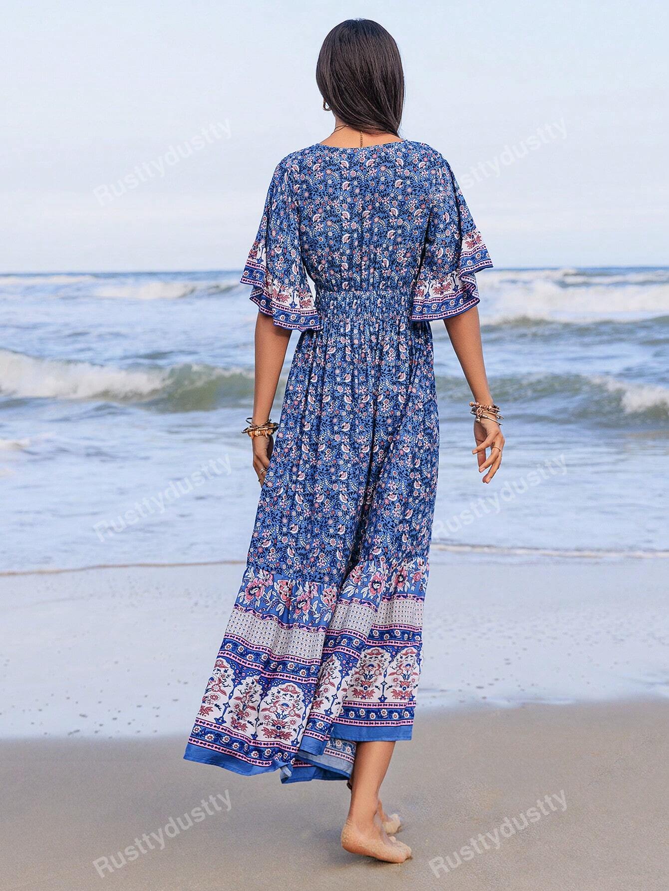 Women's Casual Floral Print Ruffle Sleeve Cinched Waist Dress