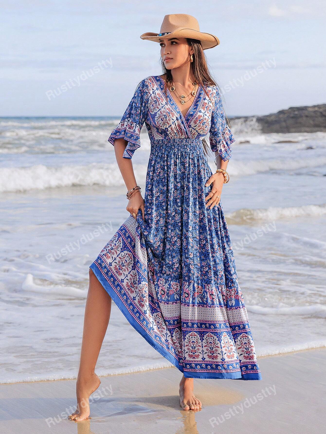 Women's Casual Floral Print Ruffle Sleeve Cinched Waist Dress