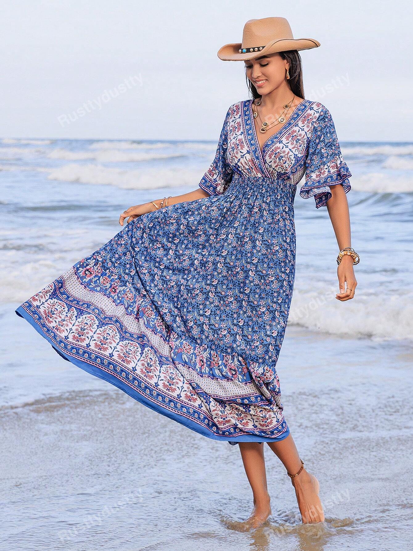 Women's Casual Floral Print Ruffle Sleeve Cinched Waist Dress