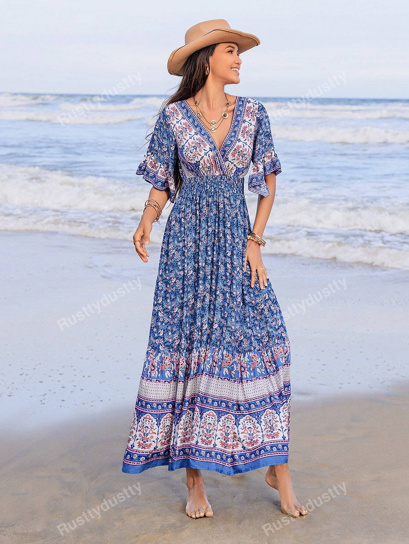 Women's Casual Floral Print Ruffle Sleeve Cinched Waist Dress