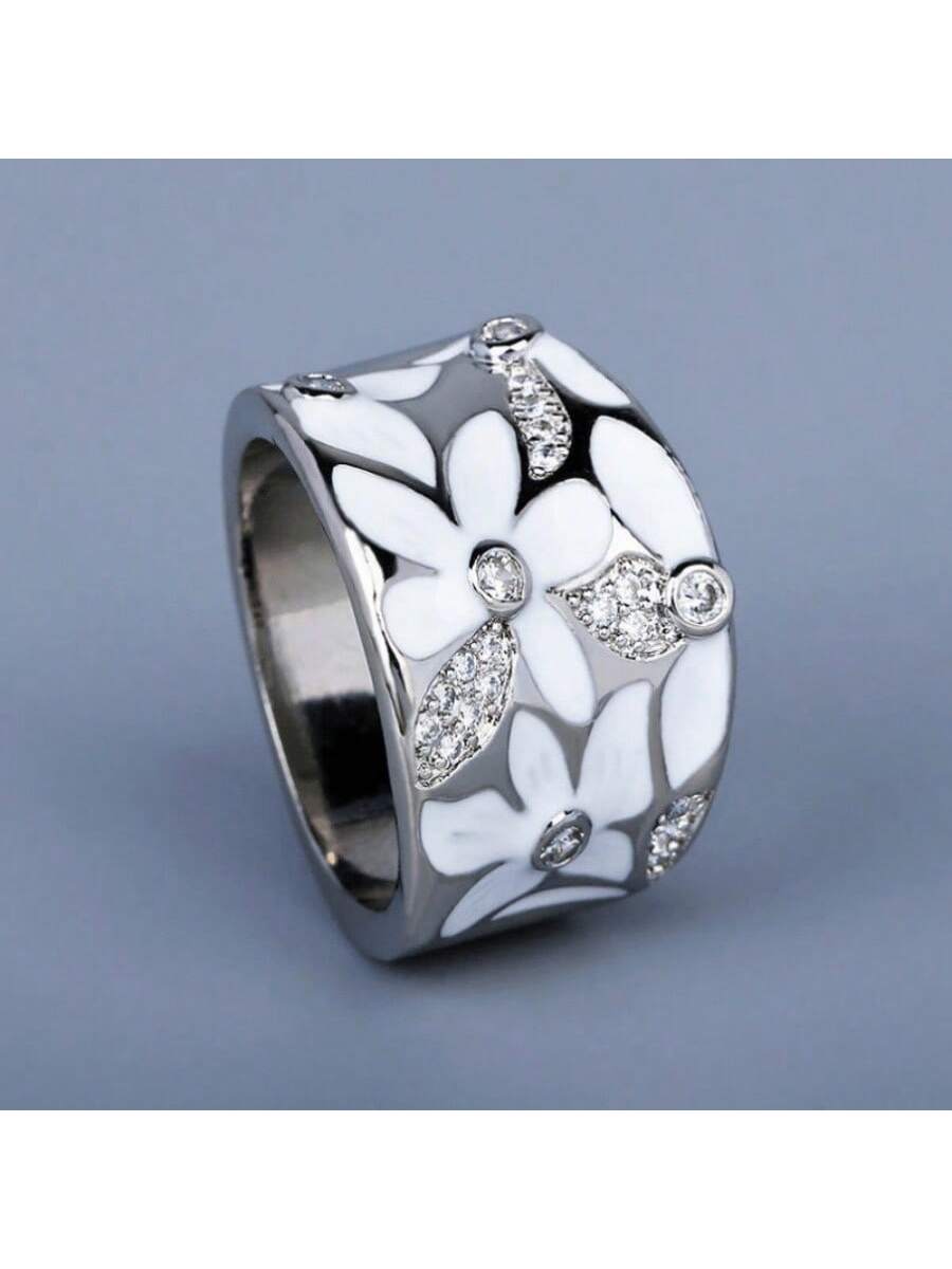 1pc Vintage Elegant Enamel Floral Design Micro-Inlaid Cubic Zirconia & Resin Women Ring