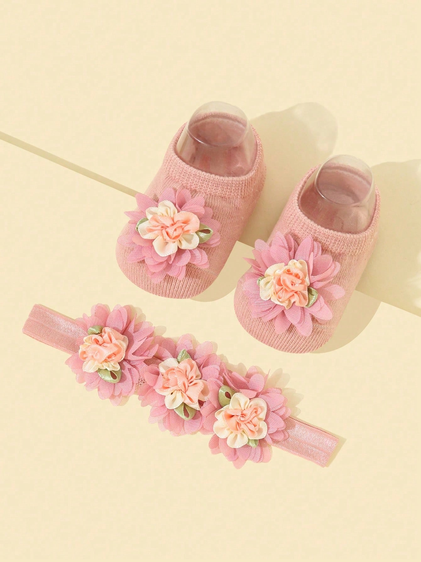 Baby Girls' Flower Decorated Princess Style Headband 1pc   Anti-Slip Floor Socks For First Walkers 1pair