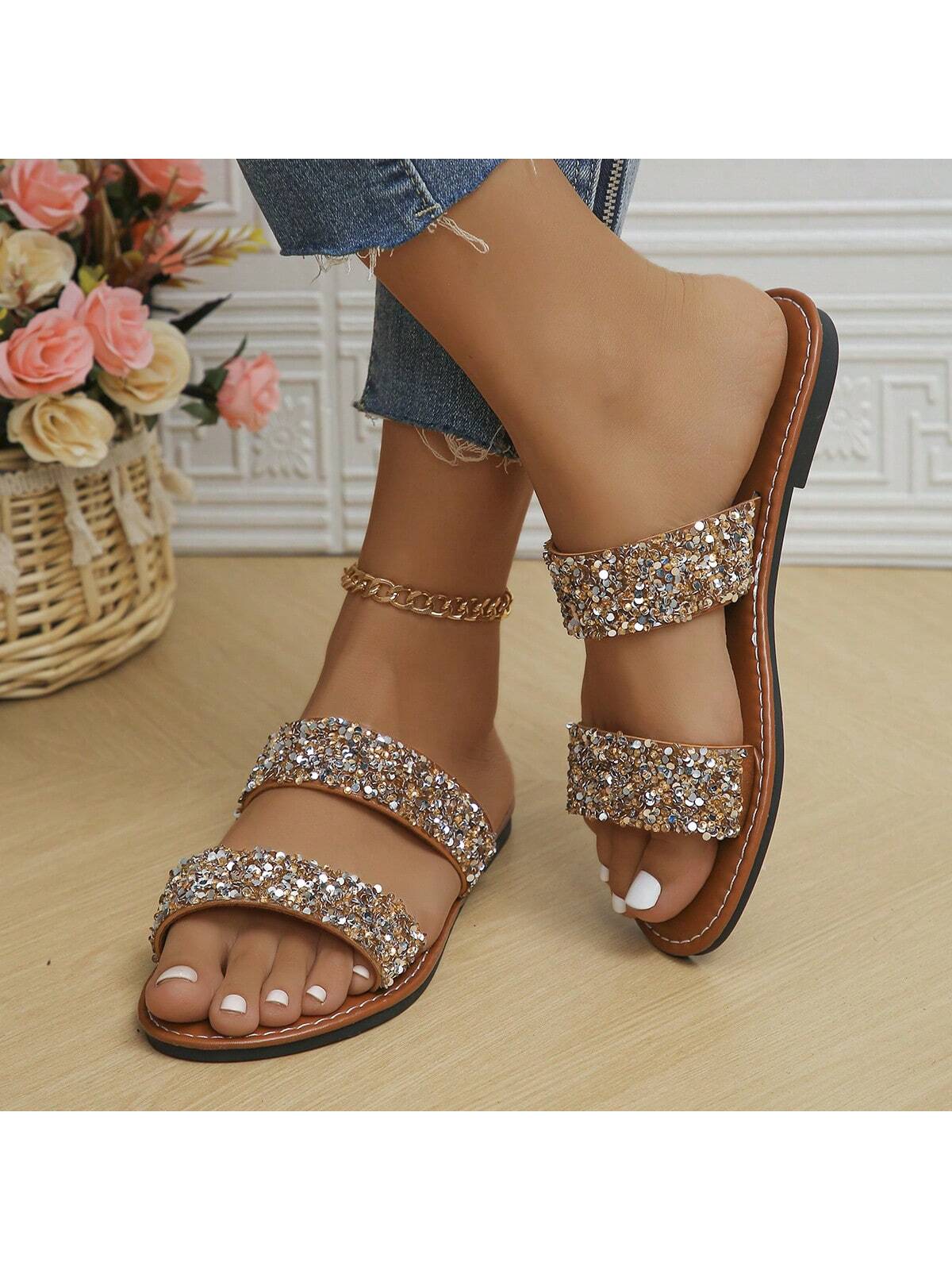 Women's Sparkling Glitter Decorated Slippers, Casual Flat Sandals For Summer Beach