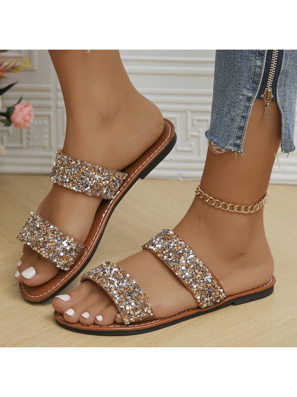 Women's Sparkling Glitter Decorated Slippers, Casual Flat Sandals For Summer Beach