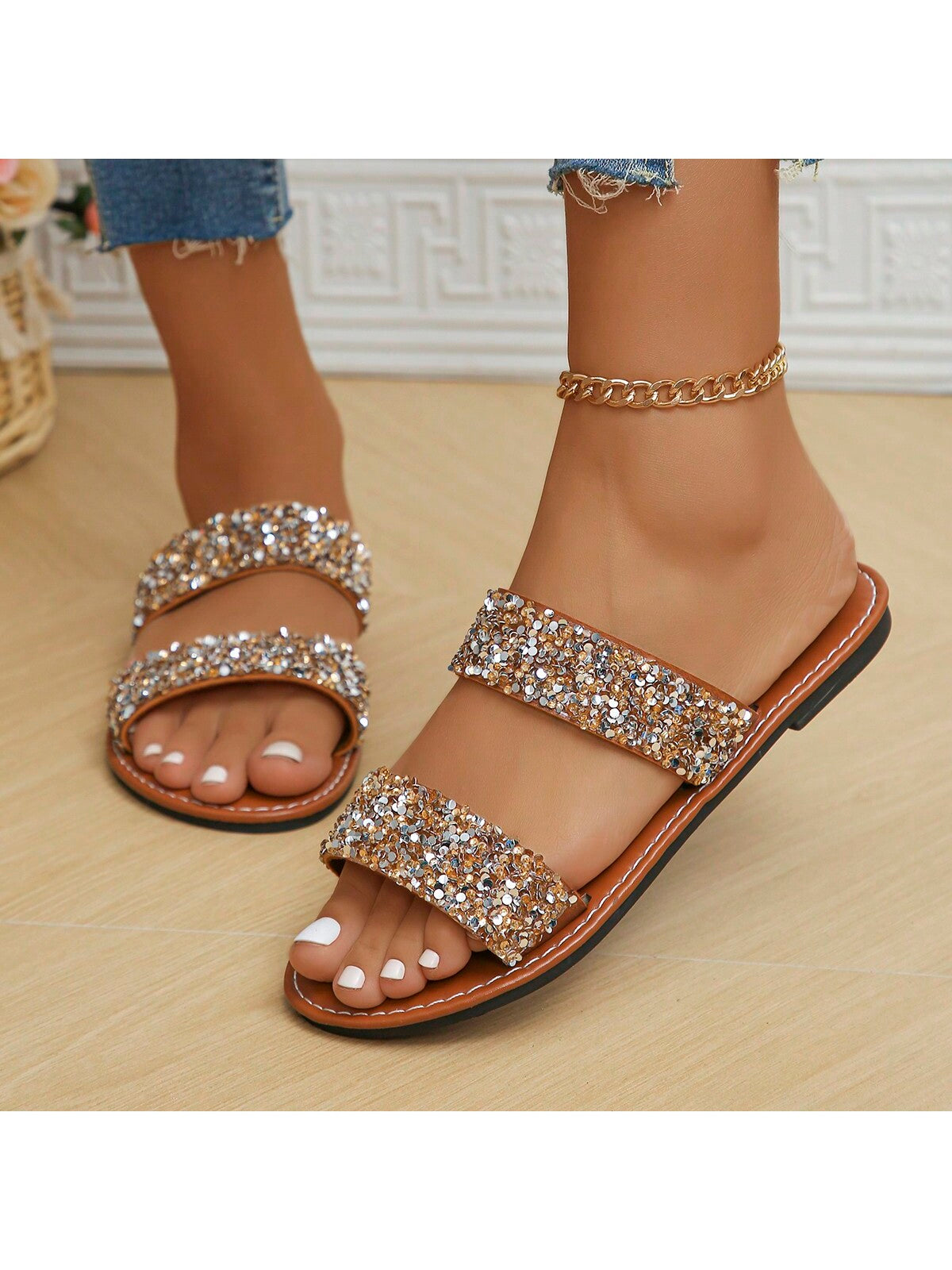 Women's Sparkling Glitter Decorated Slippers, Casual Flat Sandals For Summer Beach