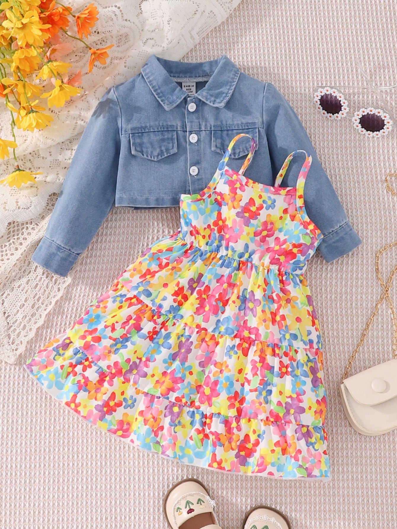 Baby Girl Flap Pocket Denim Jacket & Floral Print Ruffle Hem Cami Dress