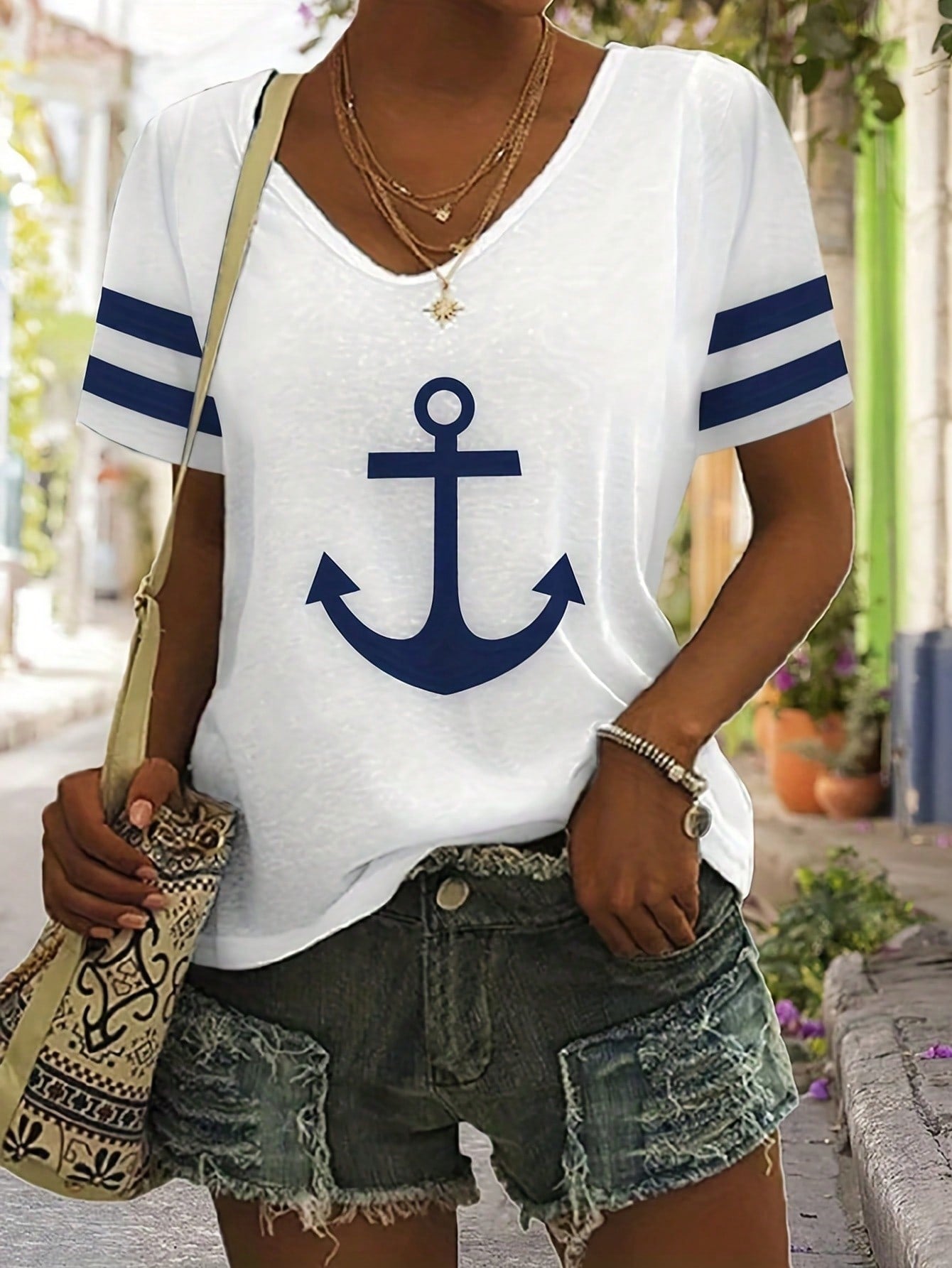 EMERY ROSE Women's Striped Anchor Printed V-Neck Short Sleeve T-Shirt