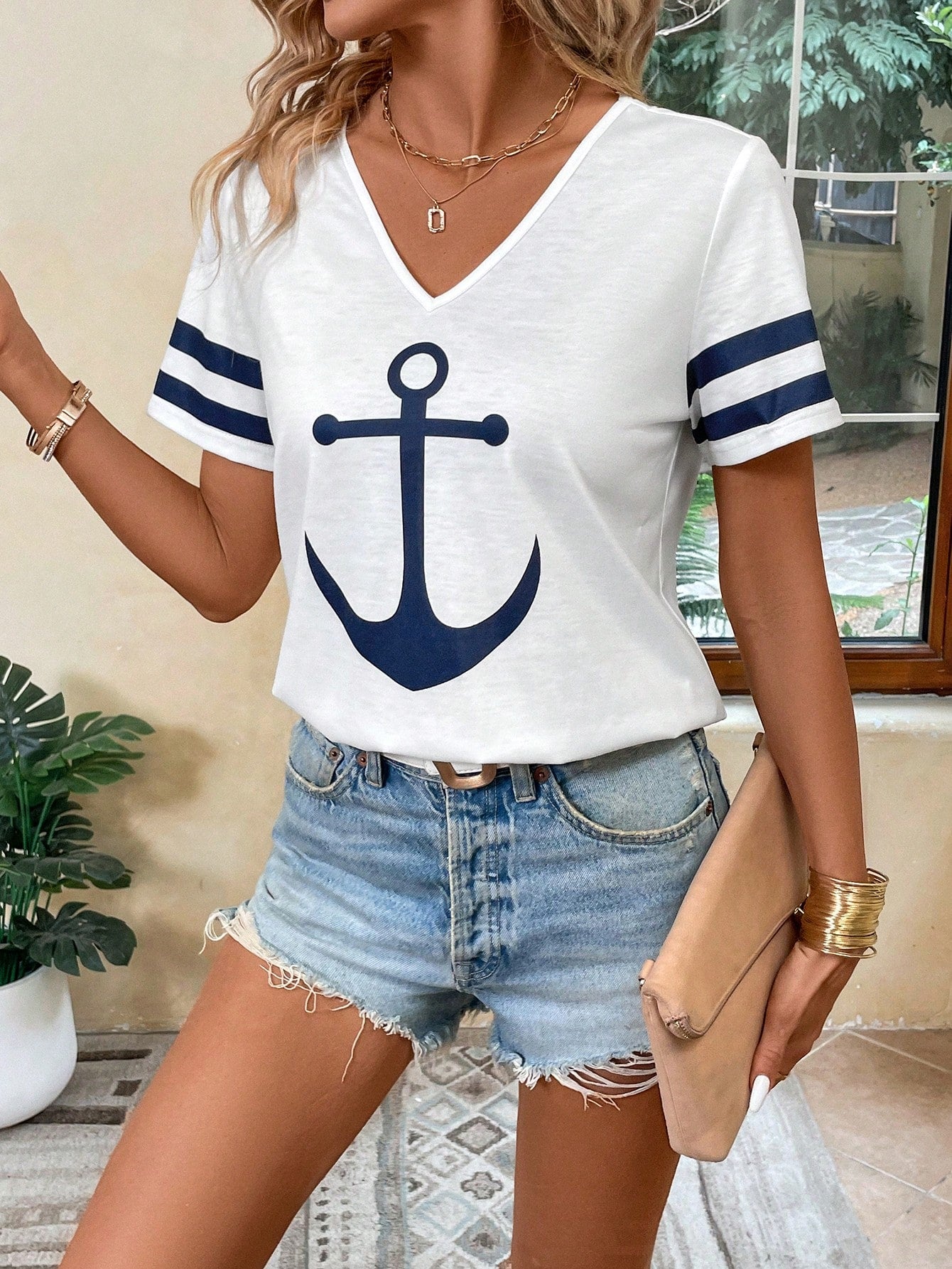 EMERY ROSE Women's Striped Anchor Printed V-Neck Short Sleeve T-Shirt