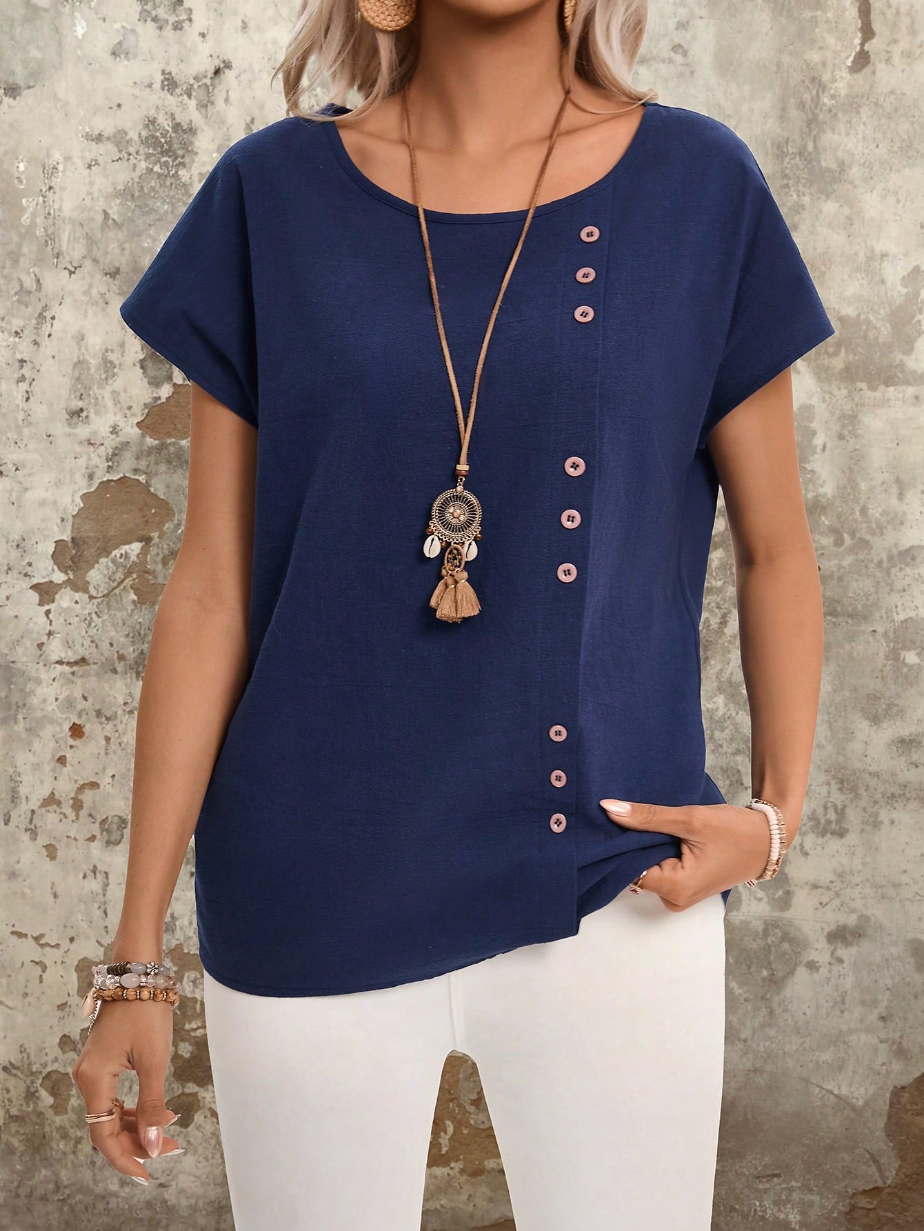 EMERY ROSE Button Detail Round Neck Batwing Sleeve Casual Shirt  Women's Summer Cotton Blouses