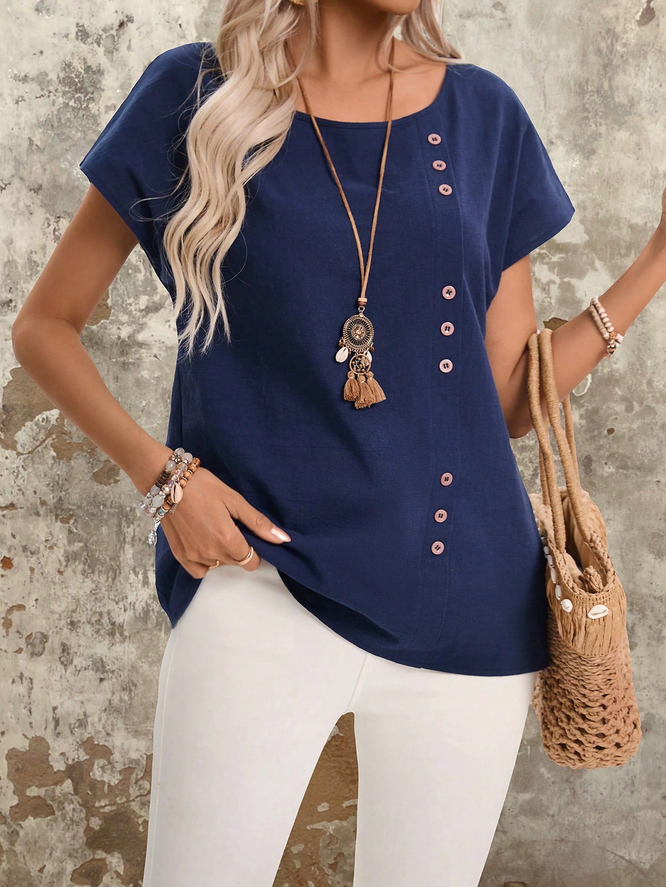 EMERY ROSE Button Detail Round Neck Batwing Sleeve Casual Shirt  Women's Summer Cotton Blouses