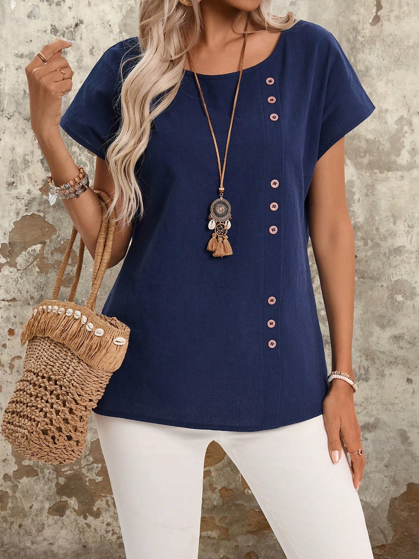 EMERY ROSE Button Detail Round Neck Batwing Sleeve Casual Shirt  Women's Summer Cotton Blouses