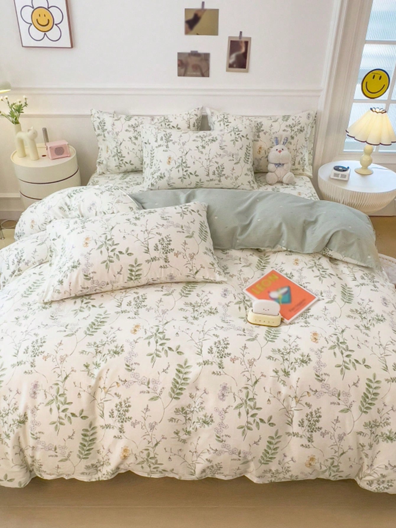 3pcs/Set Fresh Light Green Spring/Summer Floral Print Duvet Cover And Pillowcase Bedding Set