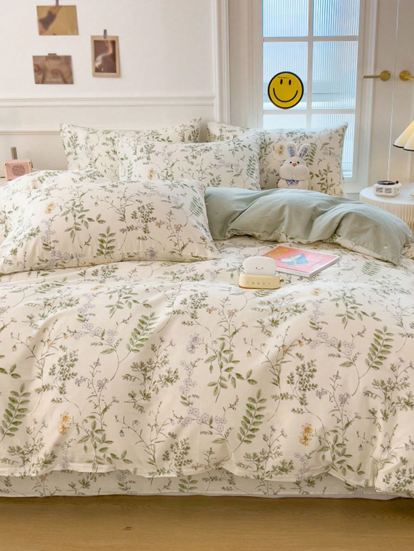 3pcs/Set Fresh Light Green Spring/Summer Floral Print Duvet Cover And Pillowcase Bedding Set