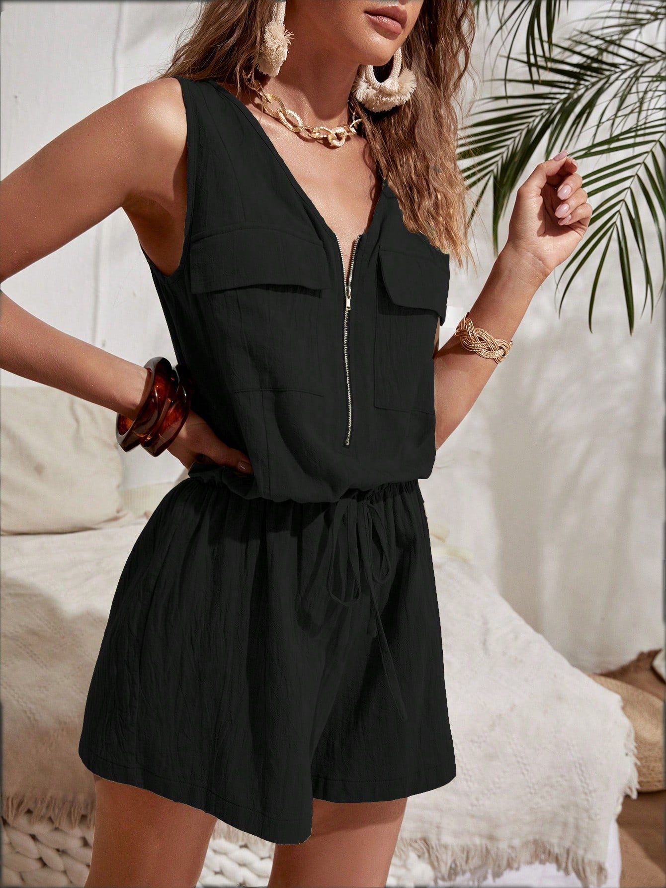 LUNE Flap Pocket Zip Front Knot Waist Romper