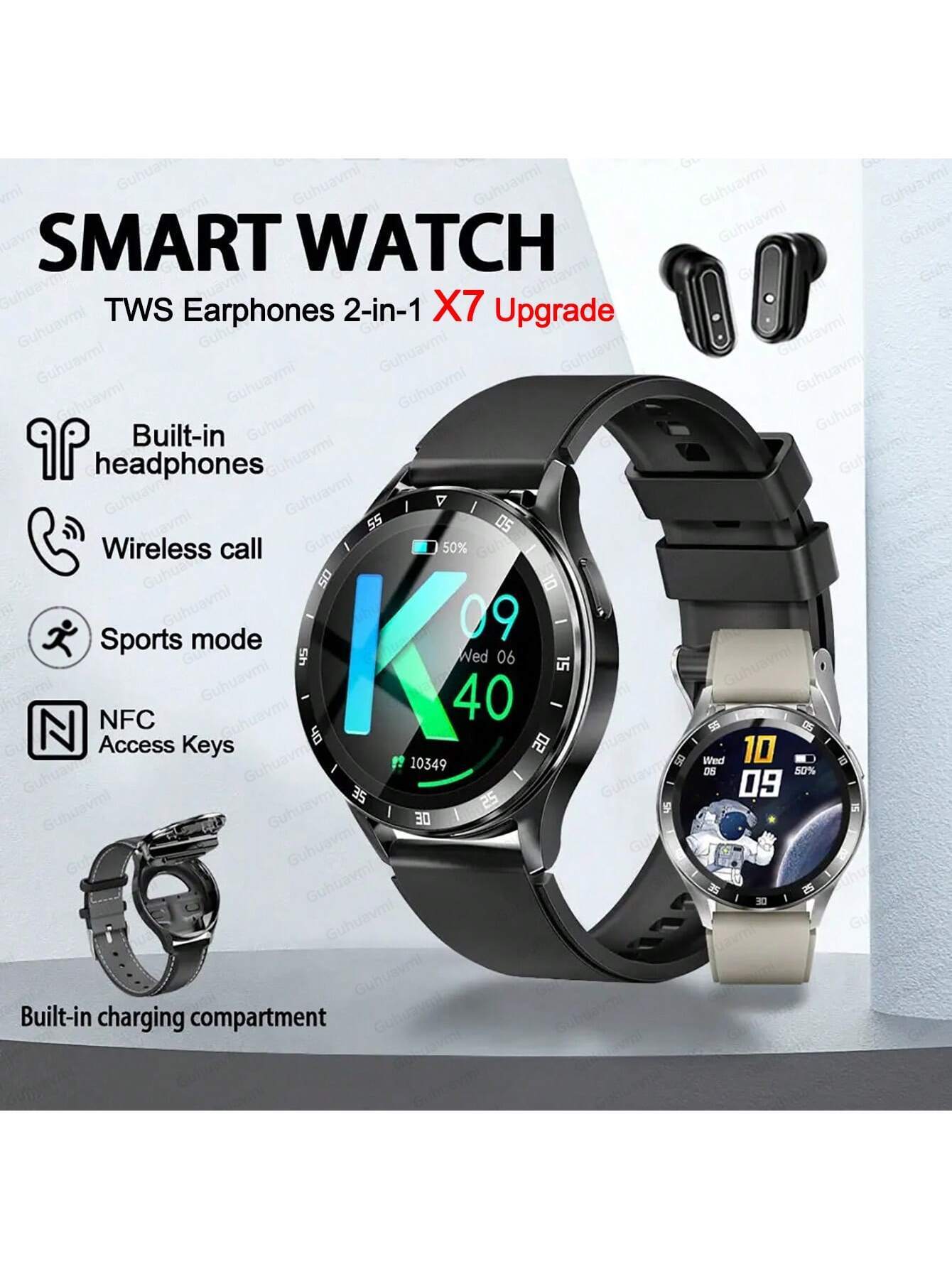 GUHUAVMI GUHUAVMI 2024 New Men's Smart Watch X7 Newly Upgraded Version,Earphone 2-In-1,Wireless Call (Make/Answer Call),1.39 Inch HD Full Touch Screen,Heart Rate Monitoring, Shake And Take Photos,Call Reminder/Rejection, Information Storage, Multi Sport M