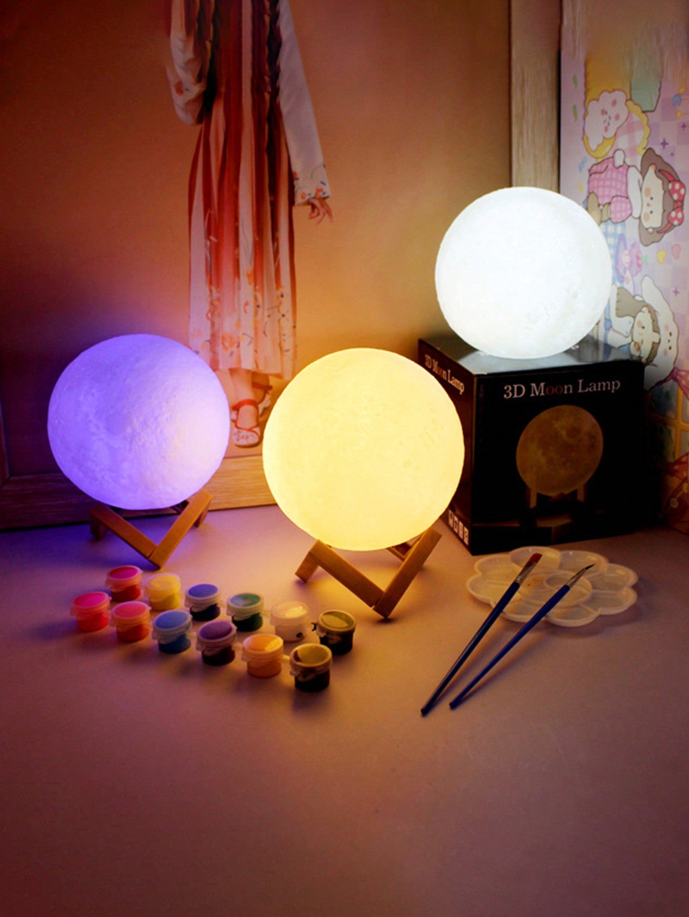 Led 3d Moon Lamp As Nightlight For Bedroom With Stand, Decorative Table Lamp And Diy Material Package For Paintable Starry Sky Ball Lamp