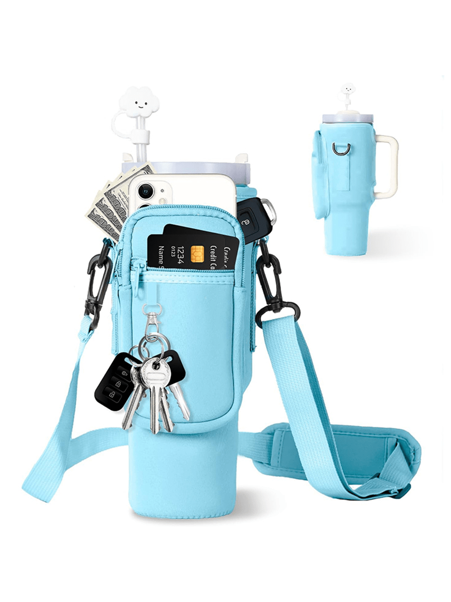 1pc Water Bottle Carrier Bag With Phone Pocket, For  40oz Tumbler With Handle, Neoprene Water Bottle Holder Pouch, With Adjustable Strap, Cup Accessories