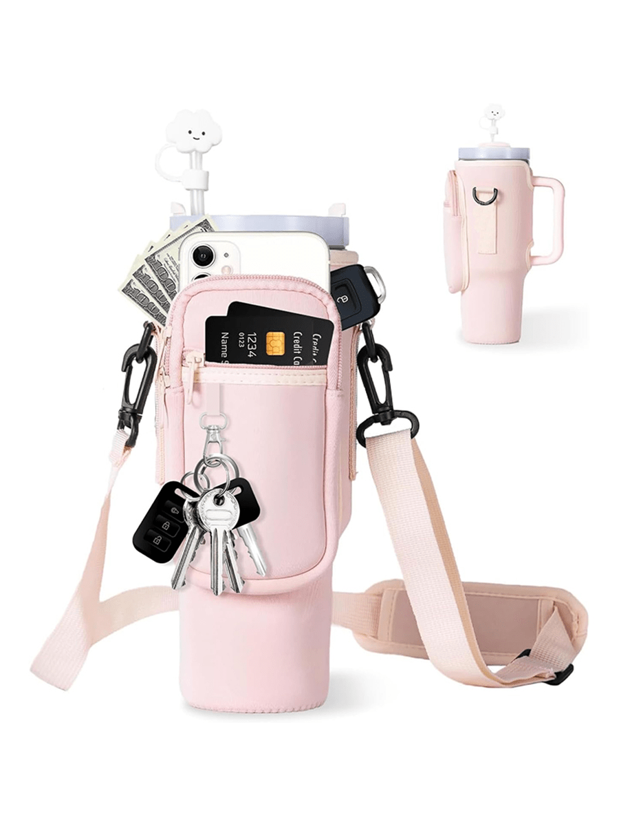 1pc Water Bottle Carrier Bag With Phone Pocket, For  40oz Tumbler With Handle, Neoprene Water Bottle Holder Pouch, With Adjustable Strap, Cup Accessories