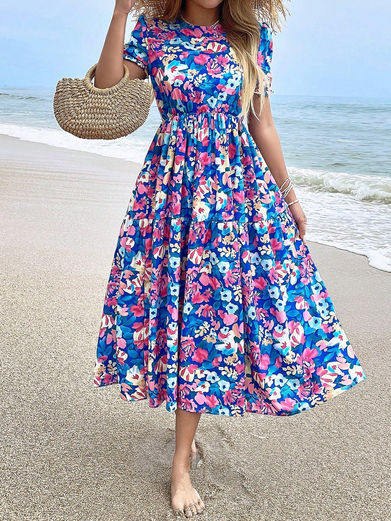 Holidaya Women's Floral Print Round Neck Short Bubble Sleeve Dress