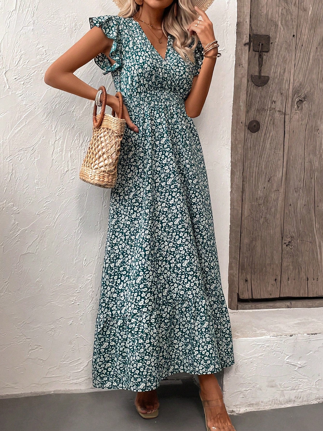 LUNE Floral Print V-Neck Ruffle Hem Dress