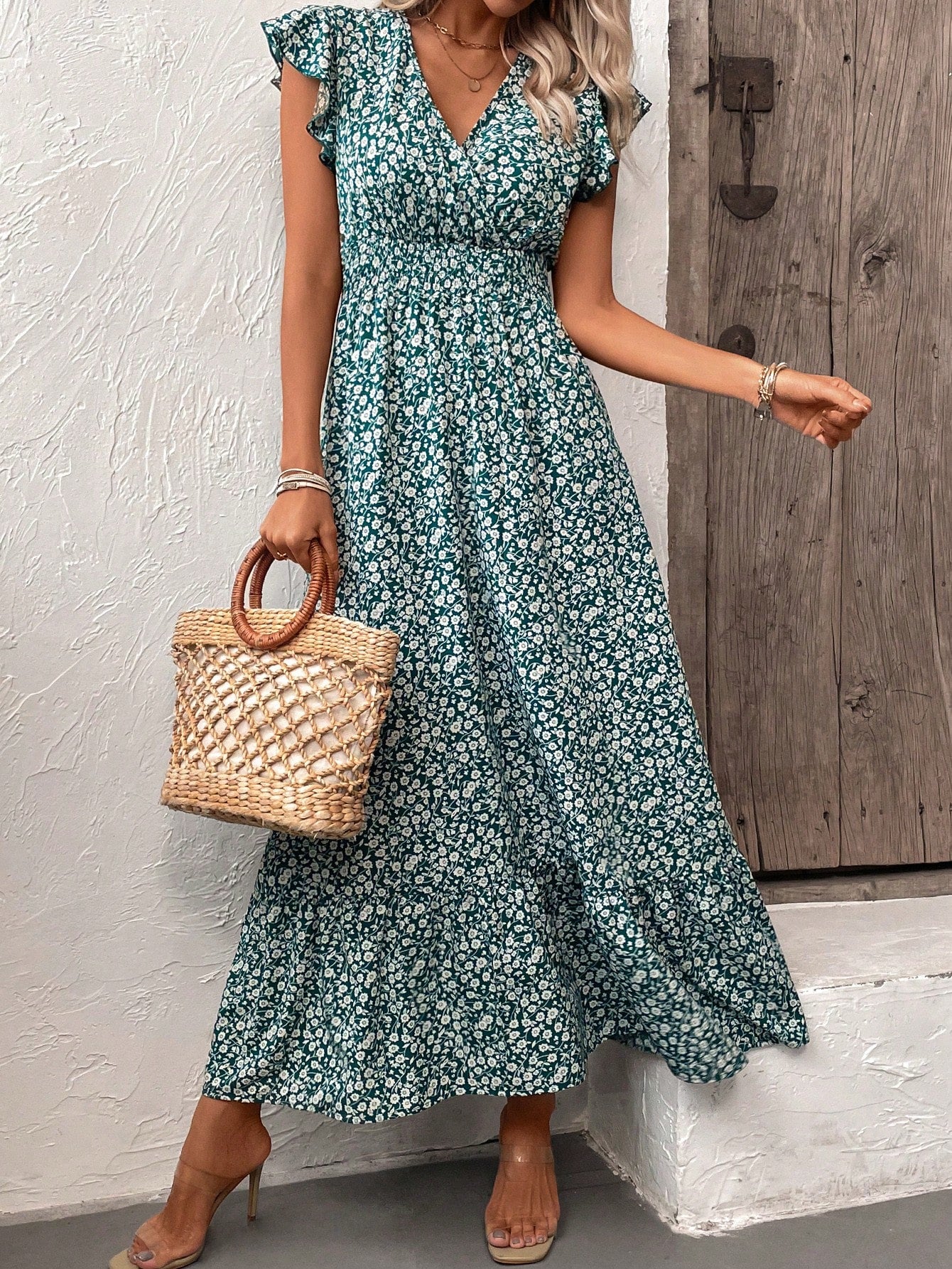 LUNE Floral Print V-Neck Ruffle Hem Dress