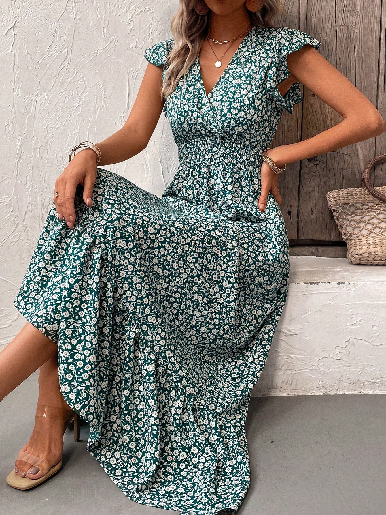 LUNE Floral Print V-Neck Ruffle Hem Dress