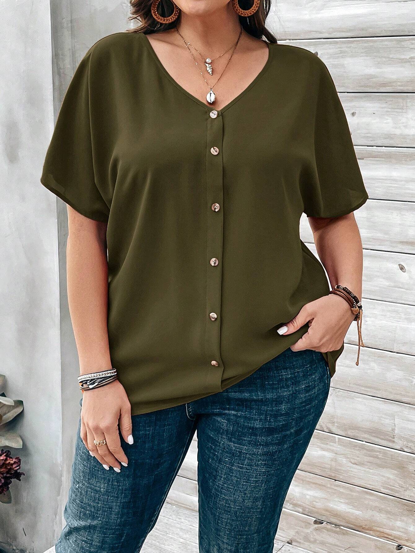 EMERY ROSE Plus Size Women's Orange Button Embellished Short Sleeve Blouse For Spring