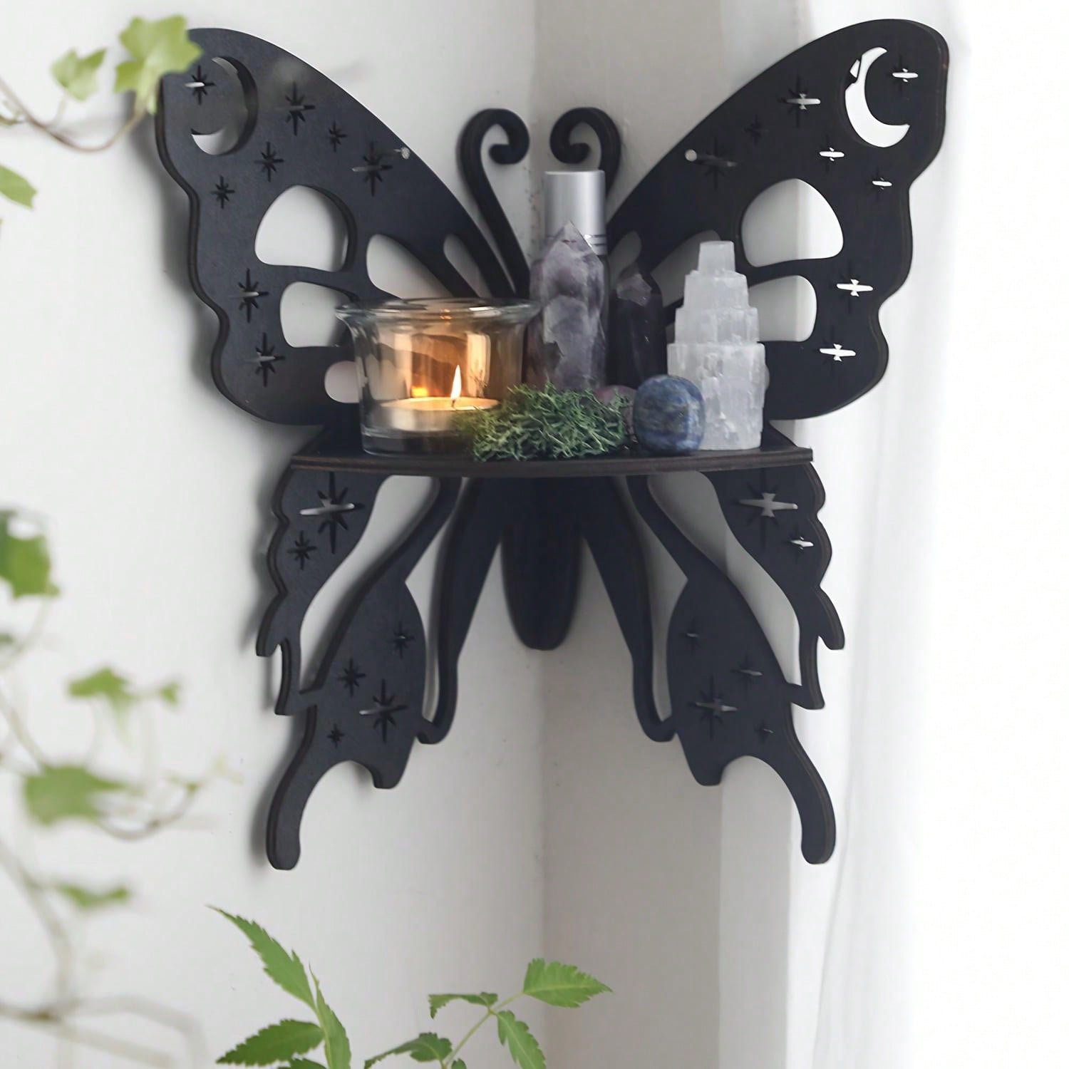 1Pc Wooden Butterfly Right Corner Hollow-Out Creative Shape Crystal Shelf Decorative Wall Shelf