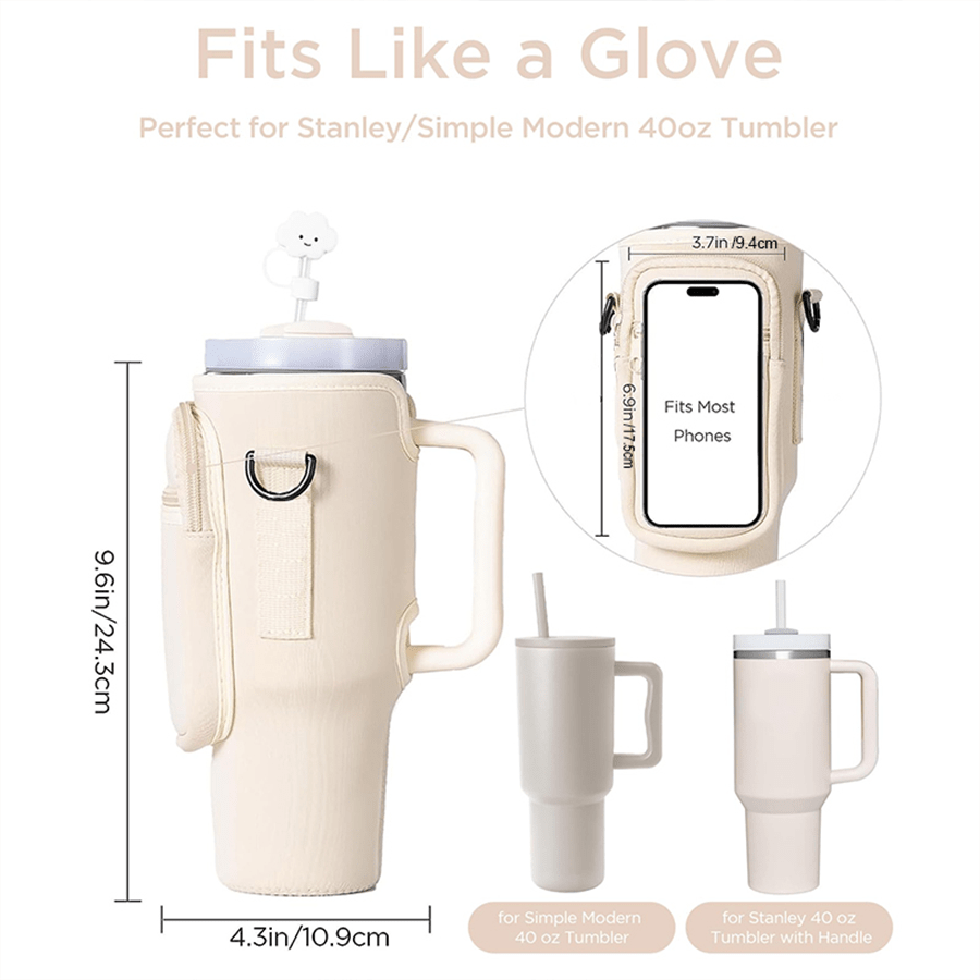 1pc Water Bottle Carrier Bag With Phone Pocket, For  40oz Tumbler With Handle, Neoprene Water Bottle Holder Pouch, With Adjustable Strap, Cup Accessories