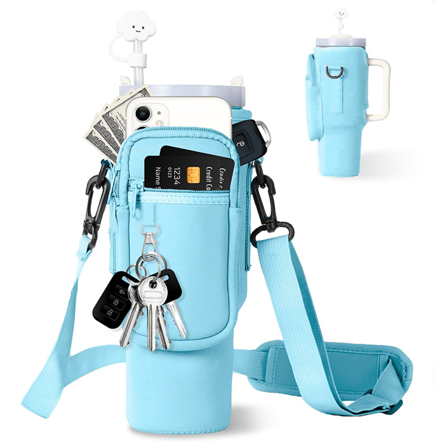 1pc Water Bottle Carrier Bag With Phone Pocket, For  40oz Tumbler With Handle, Neoprene Water Bottle Holder Pouch, With Adjustable Strap, Cup Accessories