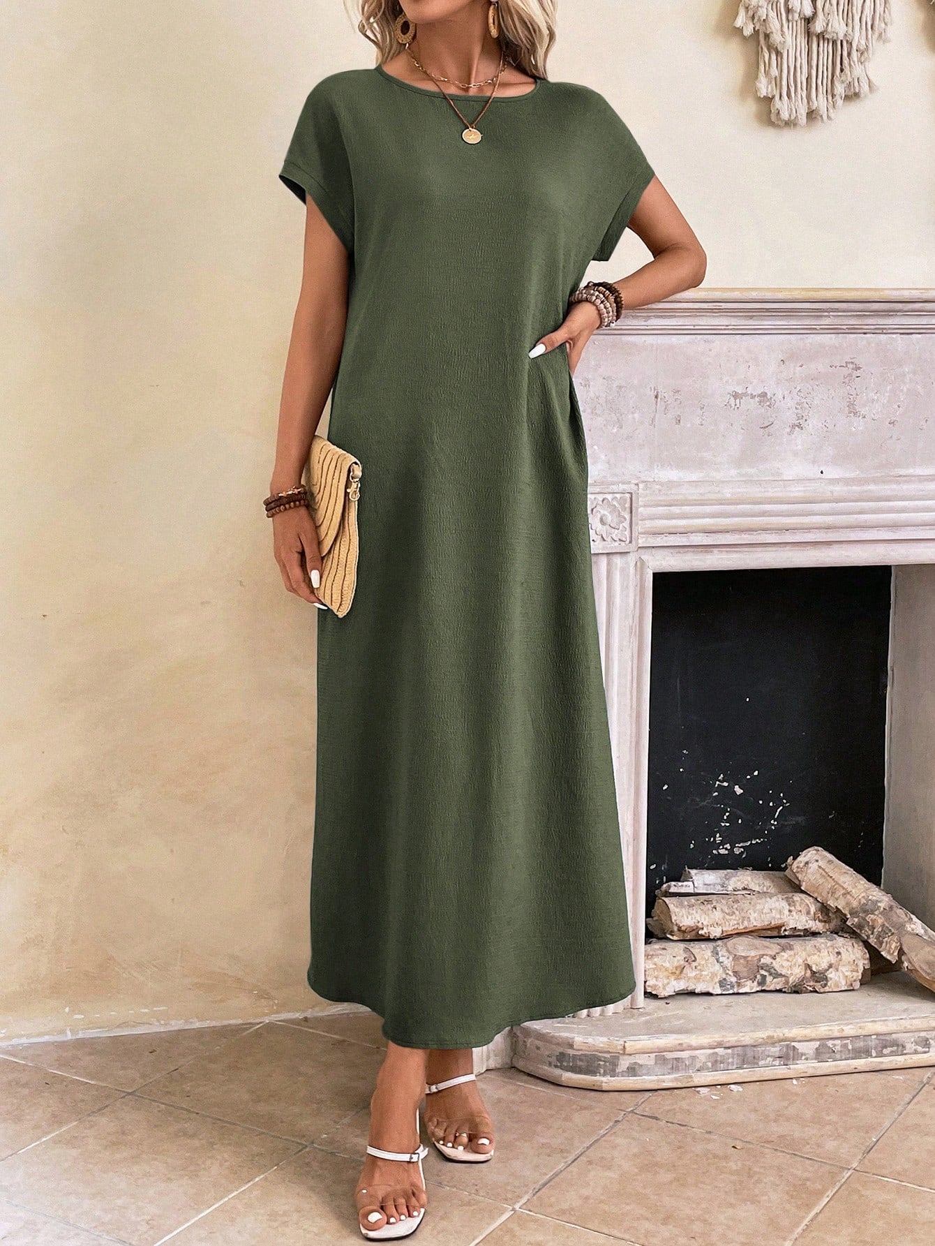 EMERY ROSE Women Casual Solid Color Batwing Sleeve Long Dress For Vacation