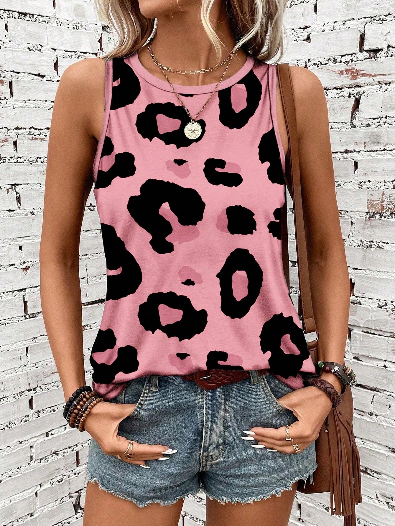 LUNE Leopard Printed Round Neck Casual Skinny Fit Women's Tank Top