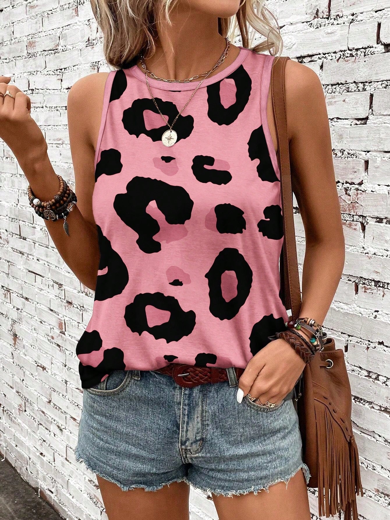 LUNE Leopard Printed Round Neck Casual Skinny Fit Women's Tank Top