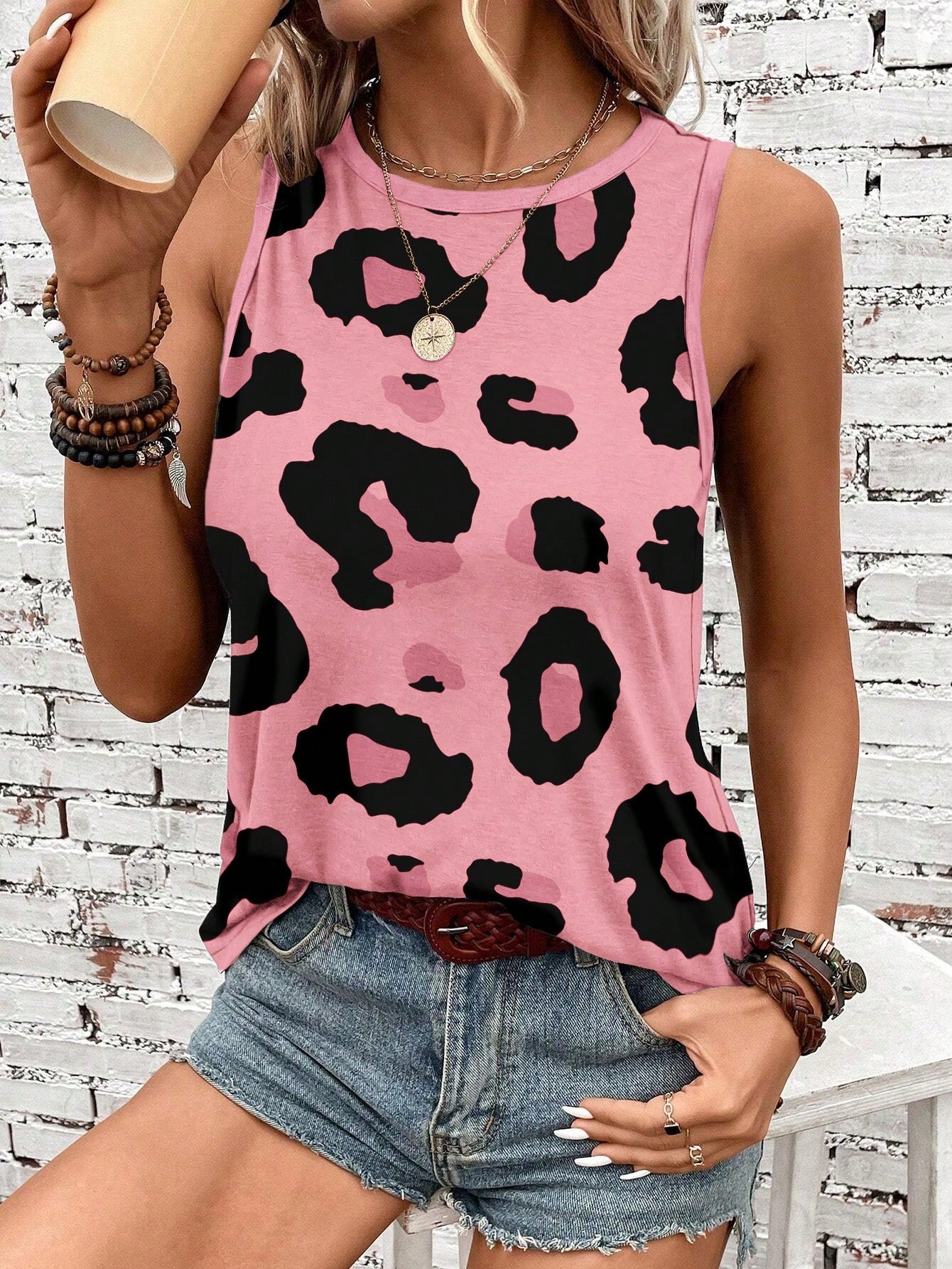 LUNE Leopard Printed Round Neck Casual Skinny Fit Women's Tank Top