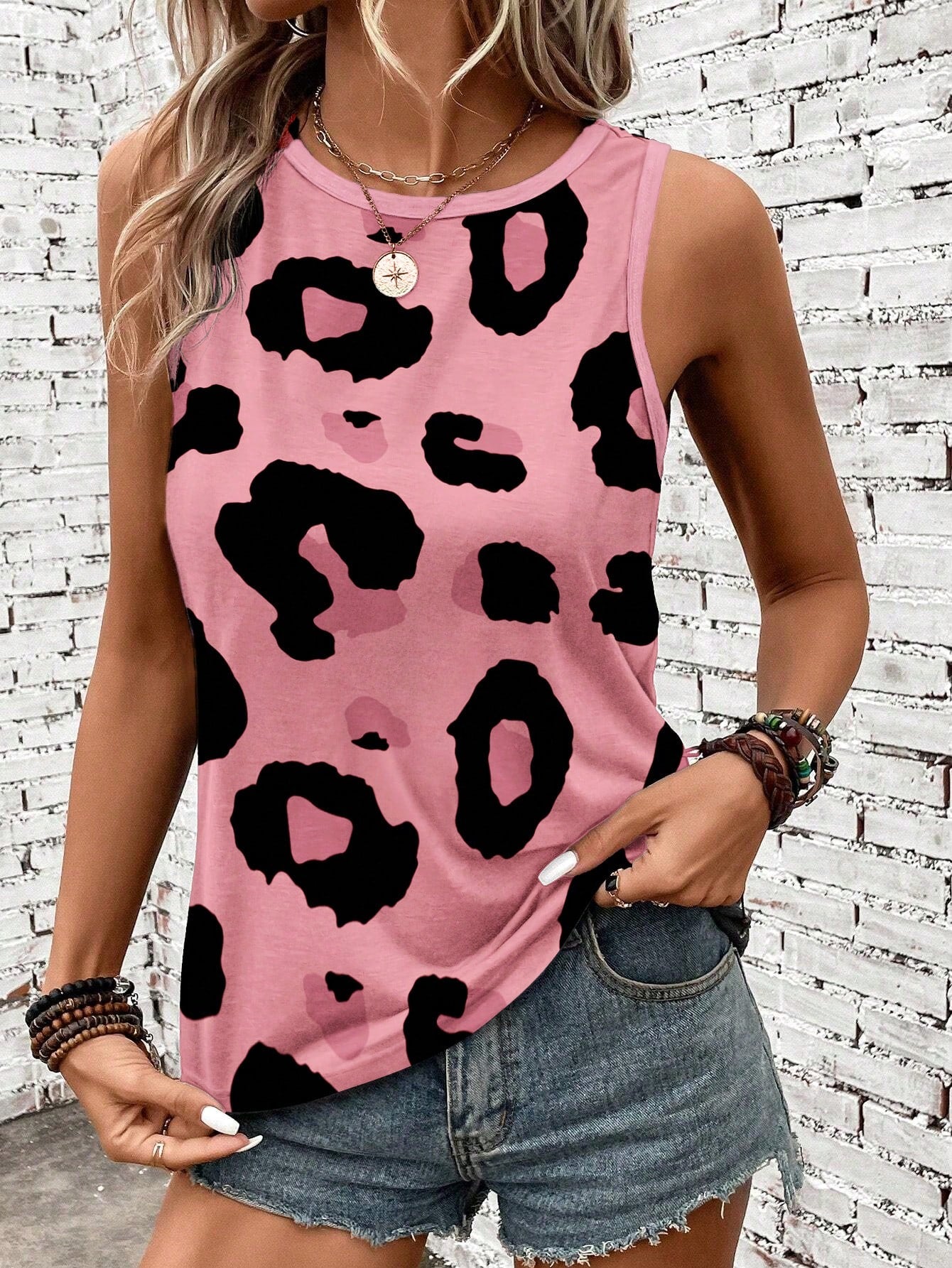 LUNE Leopard Printed Round Neck Casual Skinny Fit Women's Tank Top