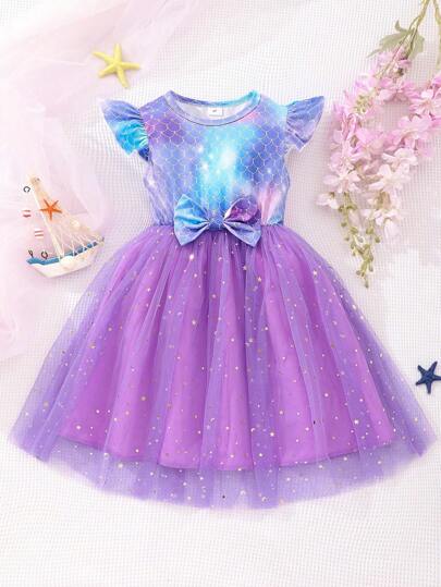 Young Girls Christmas Print Ruffled Bow Mesh  Cute Party Dress