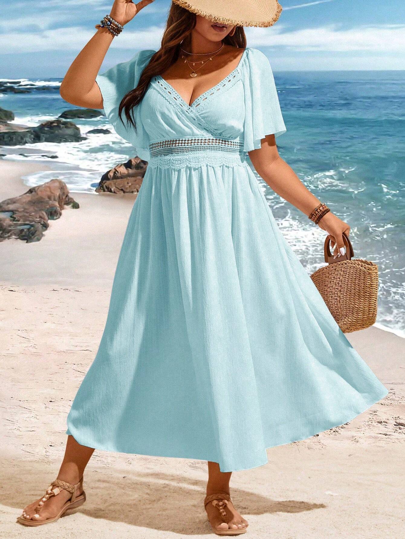 SHEIN VCAY Plus Size Lace Insert Flare Short Sleeve Dress